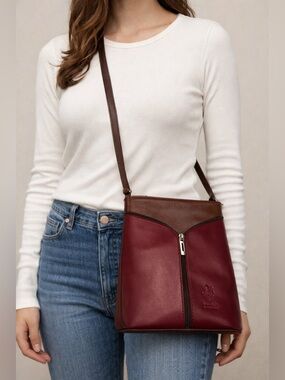 Italian Genuine Leather Vera Pelle Red Brown Crossbody Bag Made in Italy